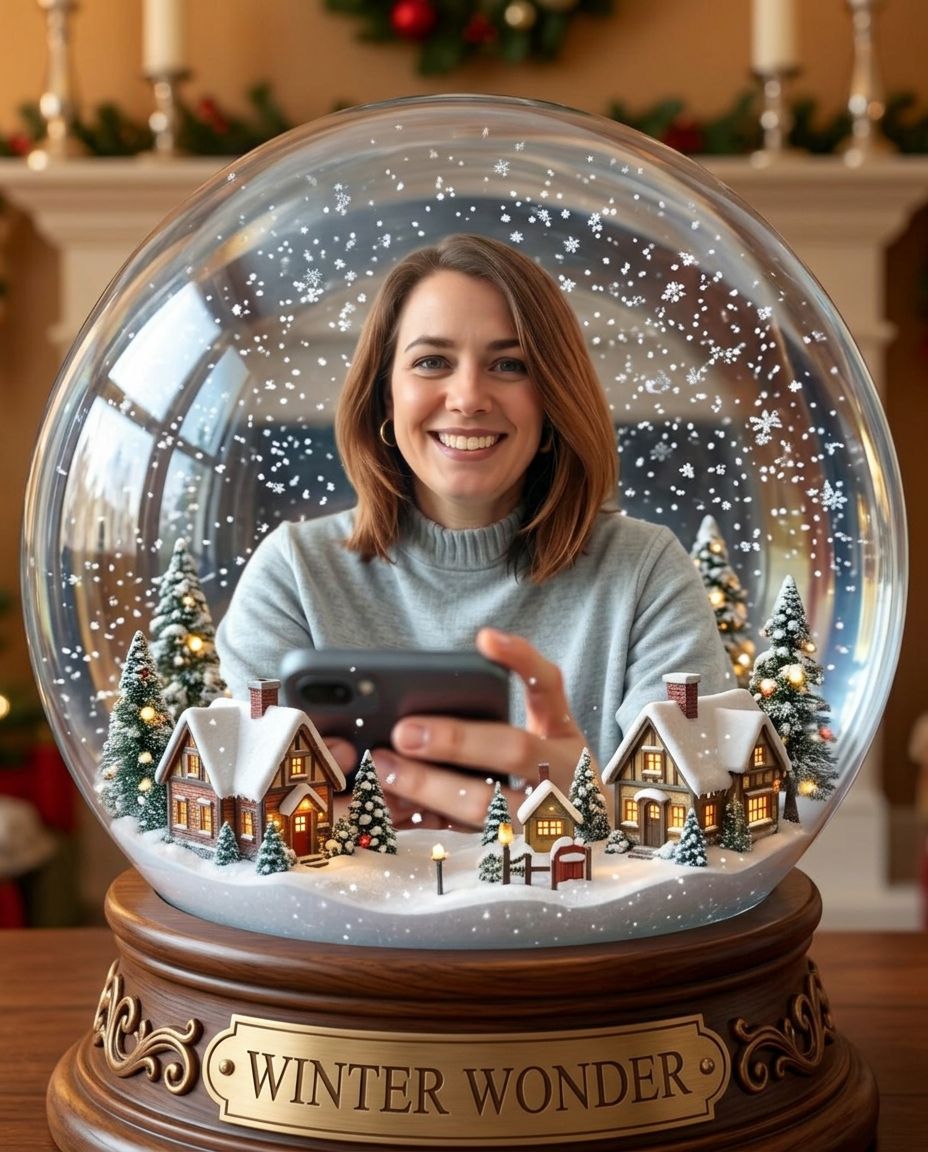 A snow globe scene generated from a real photo